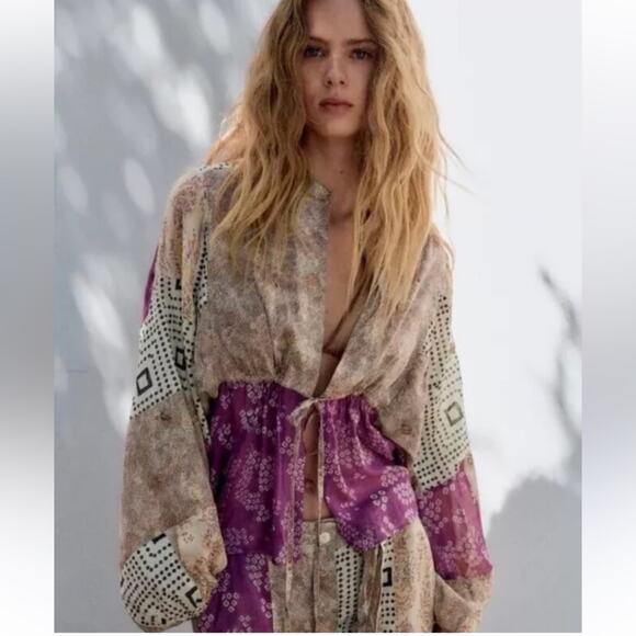 Zara Blogger Favorite Open Tie Front Bohemian Patchwork Blouse size large - Picture 1 of 9